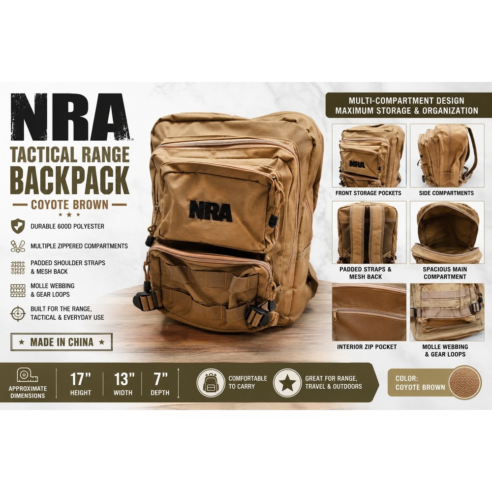 NRA Tactical Range Backpack Coyote Brown 600D Polyester MOLLE Gear Bag